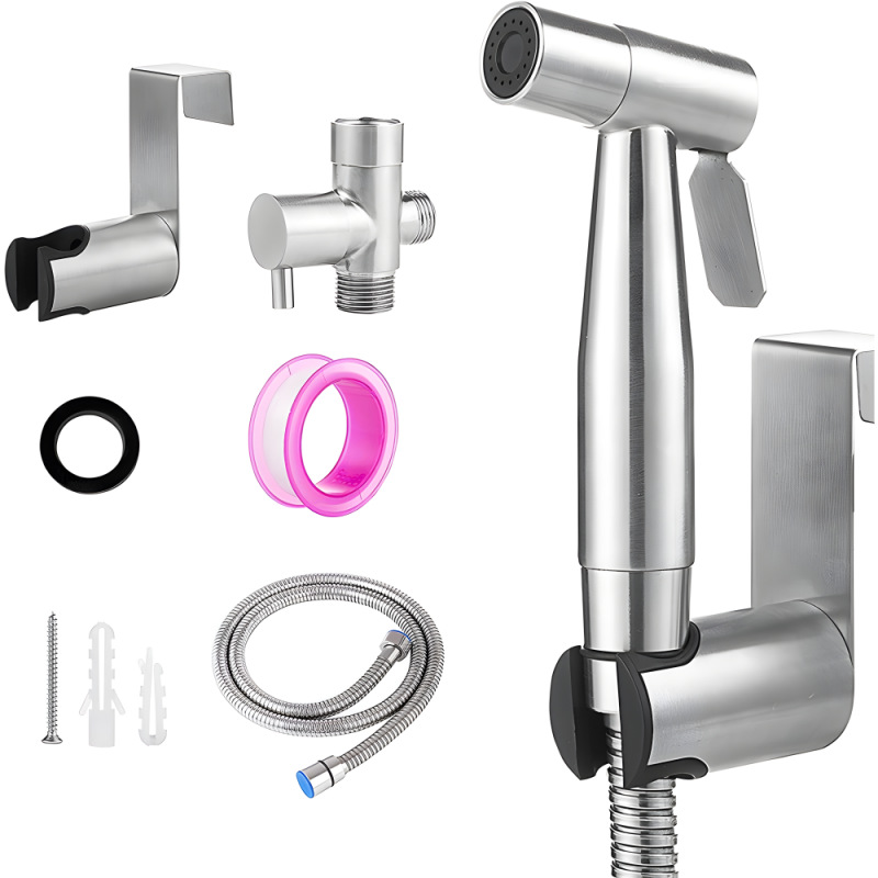Cross-border stainless steel toilet companion spray gun set, portable feminine washbasin nozzle, pressurized toilet flushing small spray gun full figure