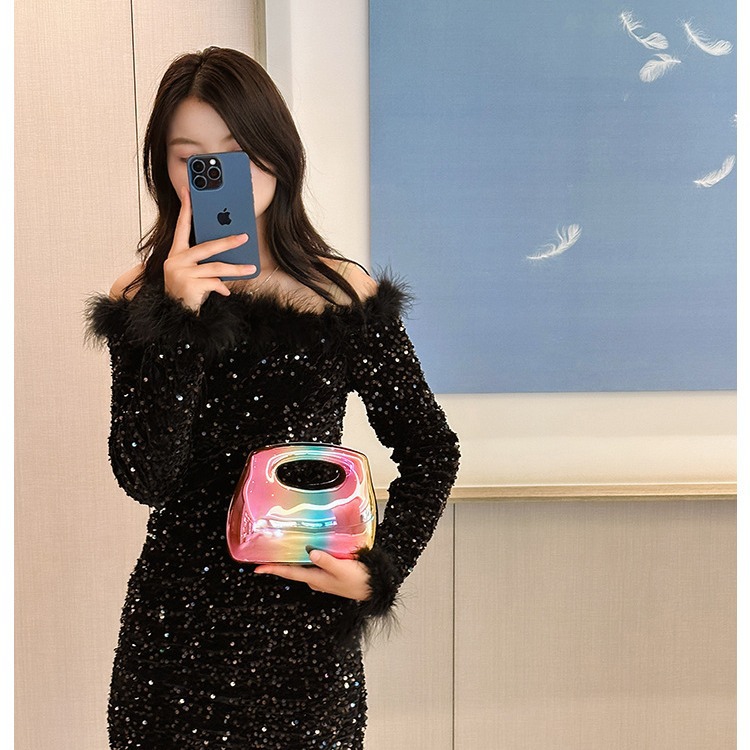 European and American cross-border acrylic bag, square fat box, clutch bag, metallic evening bag, decorative items, crossbody for women Specification drawing