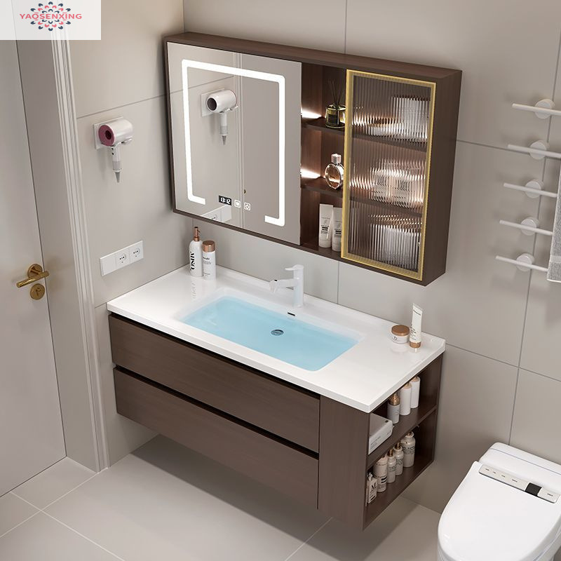 New walnut wood side cabinet, ceramic integrated basin, bathroom cabinet combination, bathroom washbasin, smart hand washing basin Application Scenario