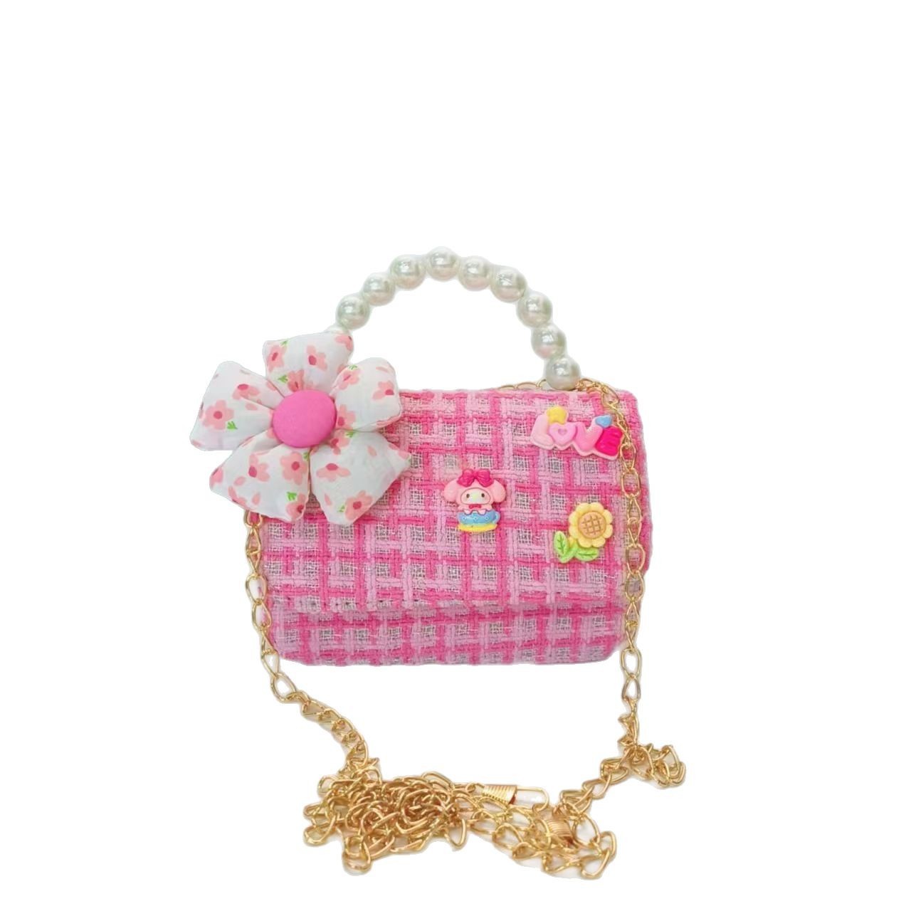 Flower princess bag, pearl handbag, little girl's loose change accessory bag, chain bag, small square bag, small chanel-style crossbody bag Item Picture