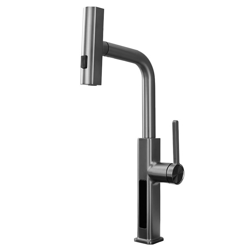 All-copper flying rain digital display pull-out gun ash vegetable basin faucet, cold and hot water shower head, telescopic multi-functional mixed faucet Item Picture