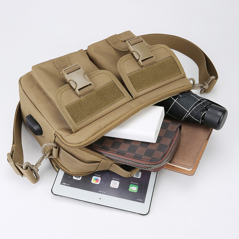 Single-shoulder bag, outdoor tactical multi-functional USB charging crossbody bag, military camouflage backpack, travel outdoor cycling bag details Picture