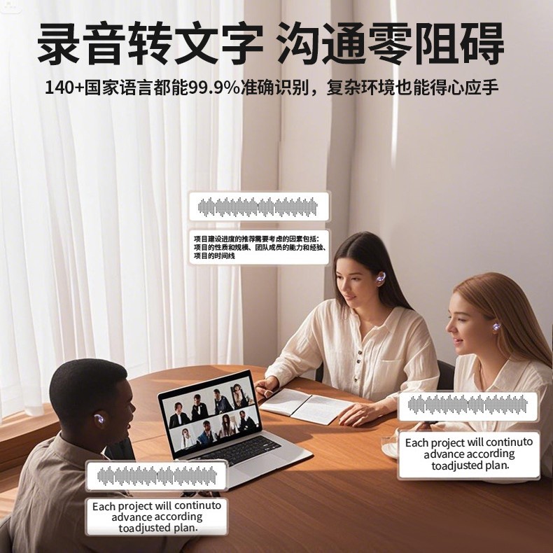 Beambox conference headphones feature intelligent AI recording, transcription, simultaneous interpretation, Bluetooth wireless headphones, and ear clip noise reduction Specification drawing