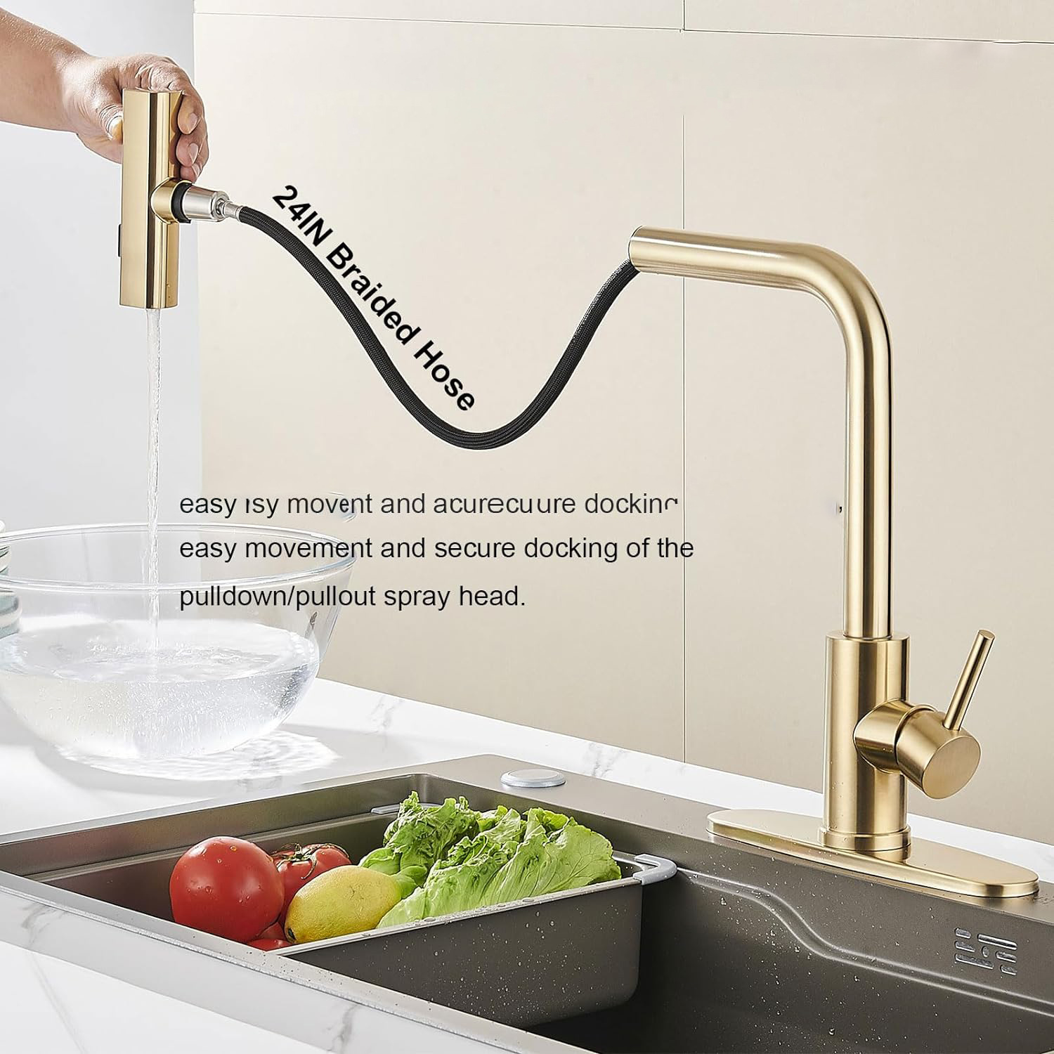304 stainless steel kitchen brushed gold pull-out faucet, multi-functional waterfall cold and hot water sink faucet Application Scenario