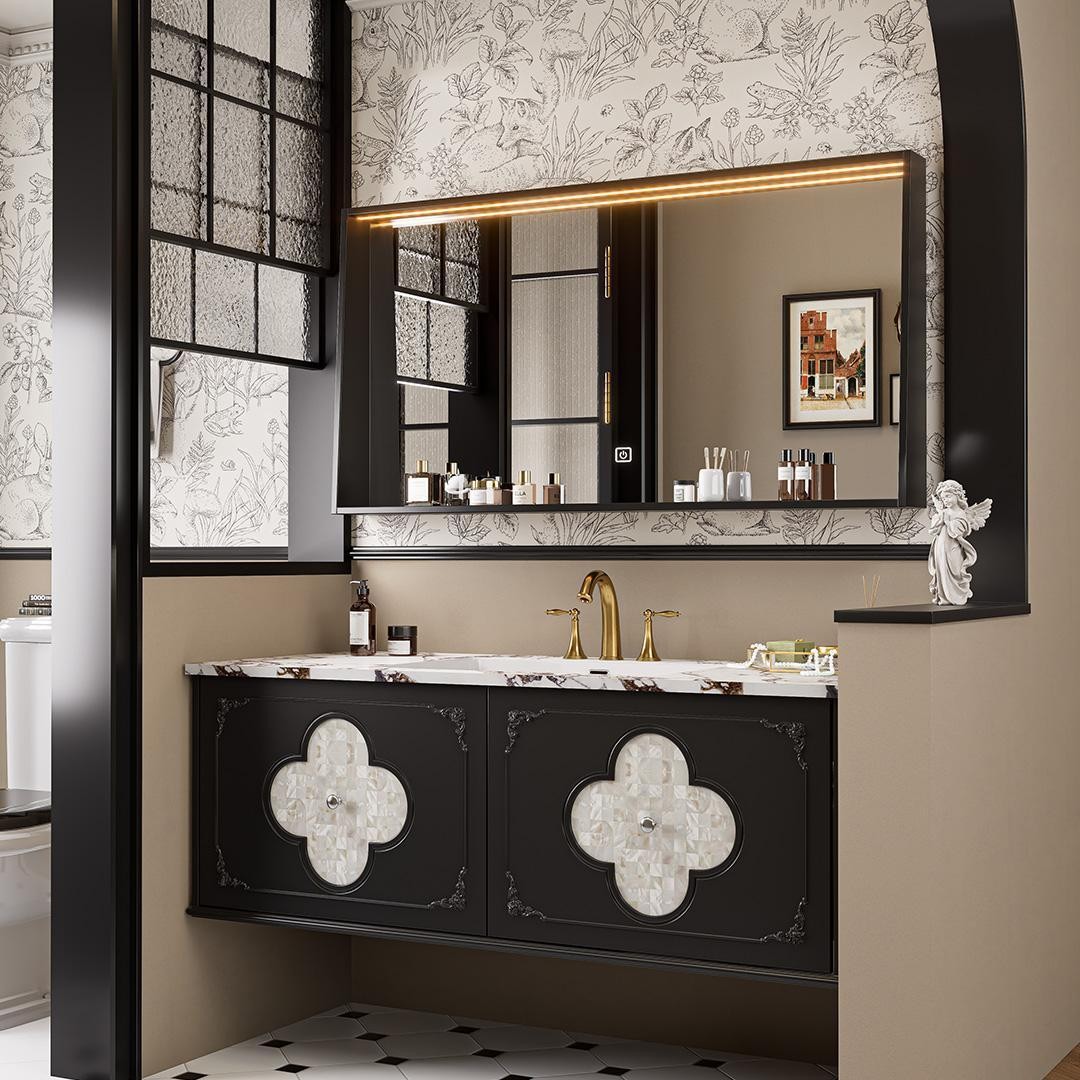 French retro-style bathroom cabinet, ceramic lacquered porcelain one-piece basin combination, shell decorative oak panel four-leaf clover bathroom cabinet Specification drawing