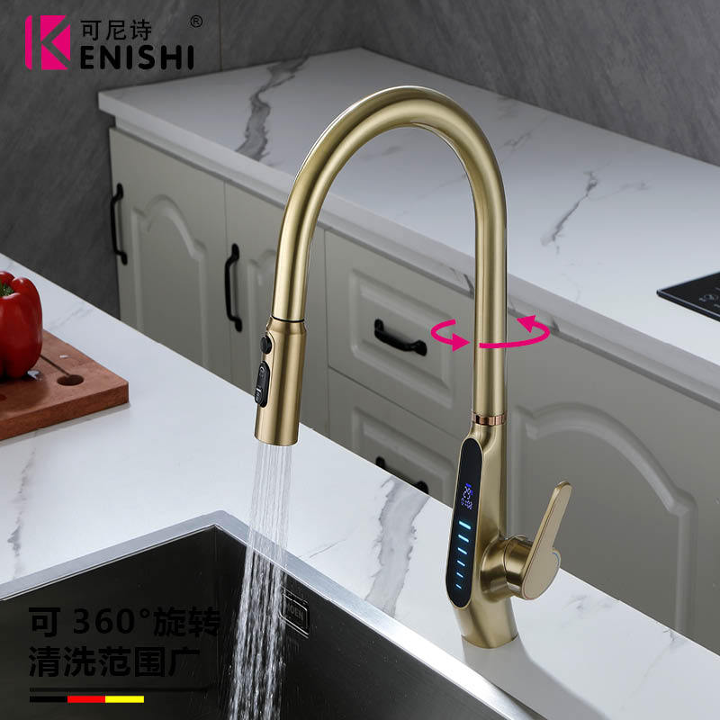 Konishi hydroelectric power digital display kitchen faucet pull-out sink faucet with brushed gold color Specification drawing
