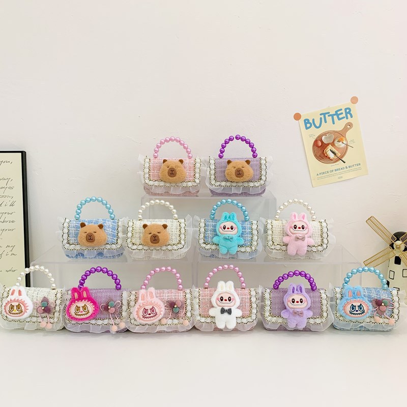New stylish children's bags: cartoon loose change shoulder bag, tweed little chanel-style crossbody bag, princess pearl handbag full figure