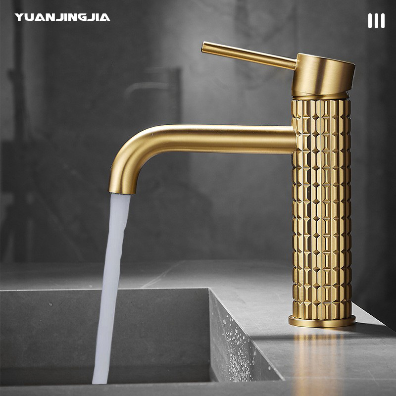 Brushed golden copper light luxury washbasin faucet, hotel bathroom bathroom cabinet, cold and hot washbasin faucet, splash-proof full figure