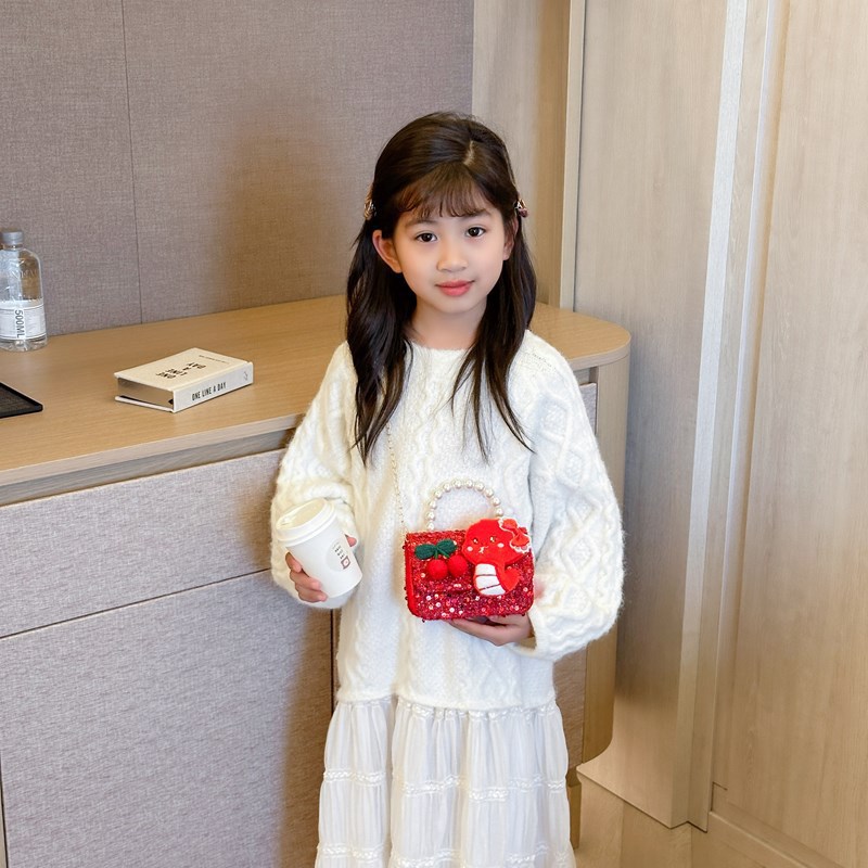2025 Red Festive Children's New Year Greeting Bag, Stylish Pearl Girls' handbag, embroidered thread bow, children's crossbody bag Specification drawing
