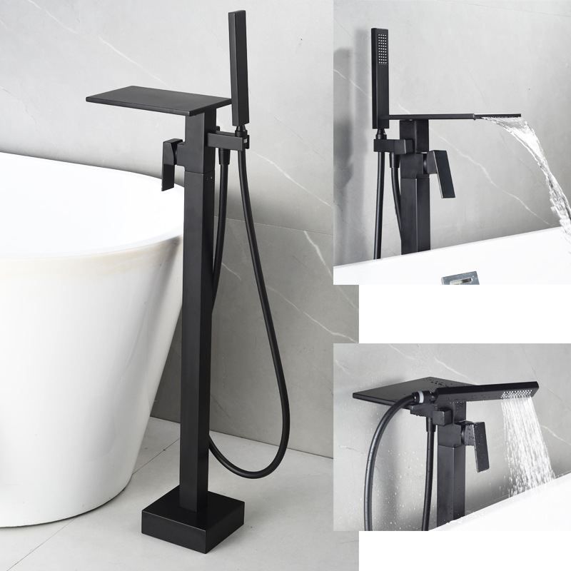 Square black and white gold edge floor-standing waterfall, rotating floor-standing bathtub, faucet, shower head, single handle, upright details Picture