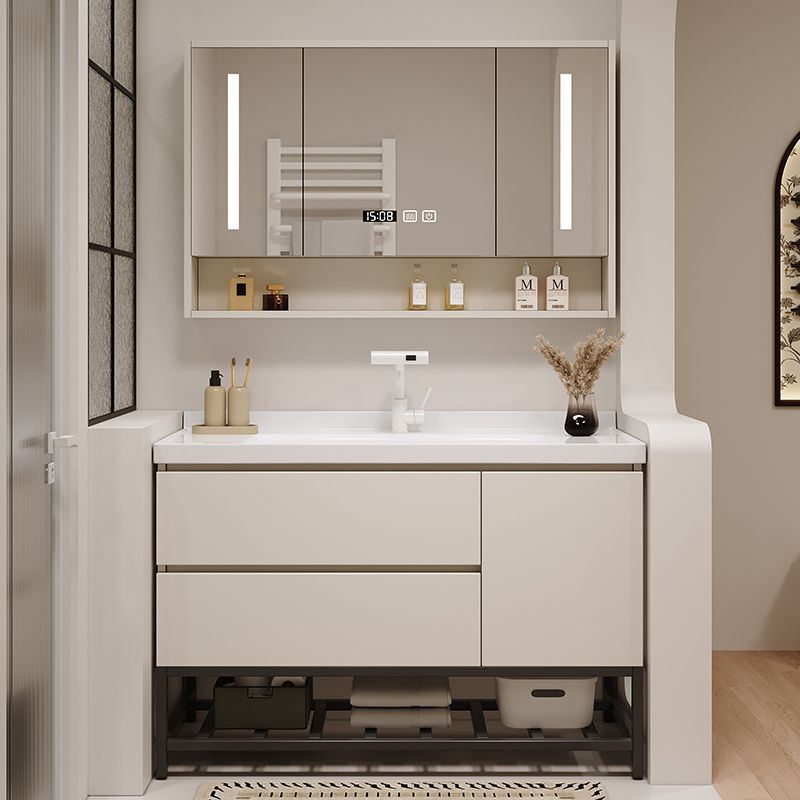 Cream-style bathroom cabinet, ceramic integrated basin, simple bathroom wash basin, washbasin, washstand, rain waterfall faucet details Picture