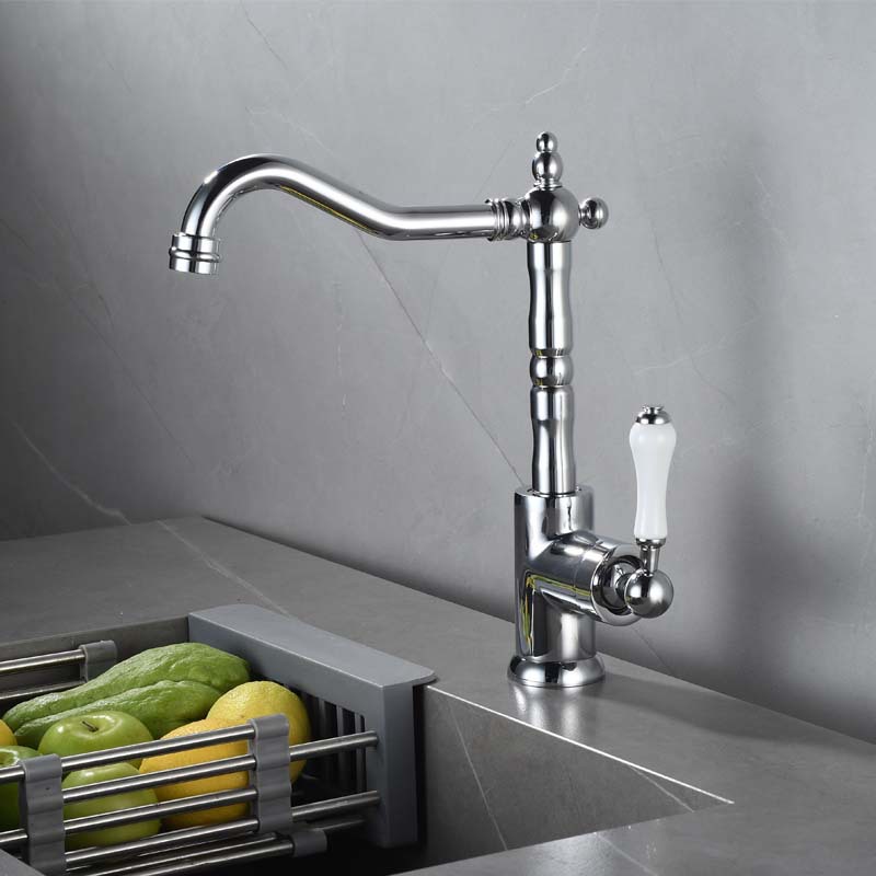 The antique-style kitchen features a rotating hot and cold water faucet, a gold and silver chrome-plated washbasin faucet, and a black bathroom cabinet faucet details Picture