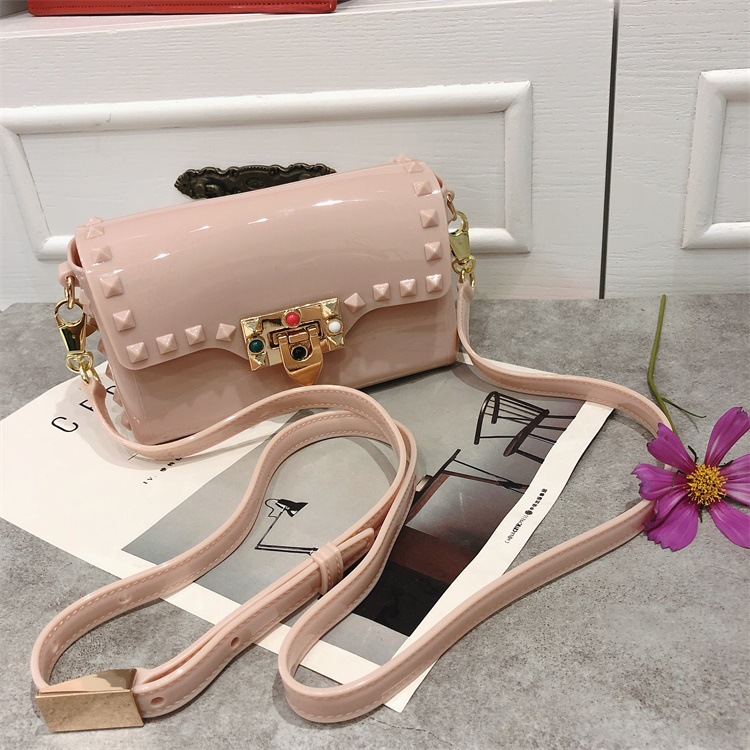 Summer 2025 new macaron jelly bag, pvc rivet drill mini square bag, crossbody seaside single-shoulder bag details Picture