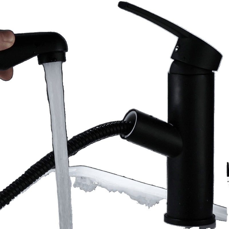 All-copper pull-out bathroom, household washbasin, cold and hot water faucet, countertop basin, sink, washbasin, black faucet Item Picture