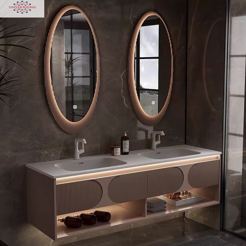 The Kolinai integrated basin bathroom cabinet is a modern hotel-style bathroom with a double basin washbasin and sink full figure