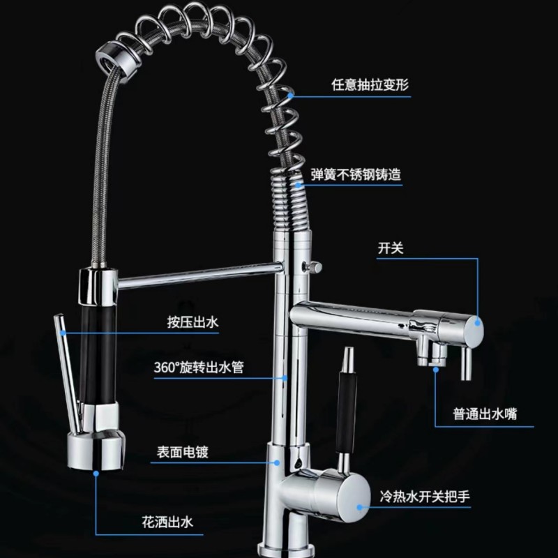 Kitchen spring dual-water faucet, pull-out multi-functional rotatable dual-water outlet for cooling and heating dishes, pressurized faucet Application Scenario