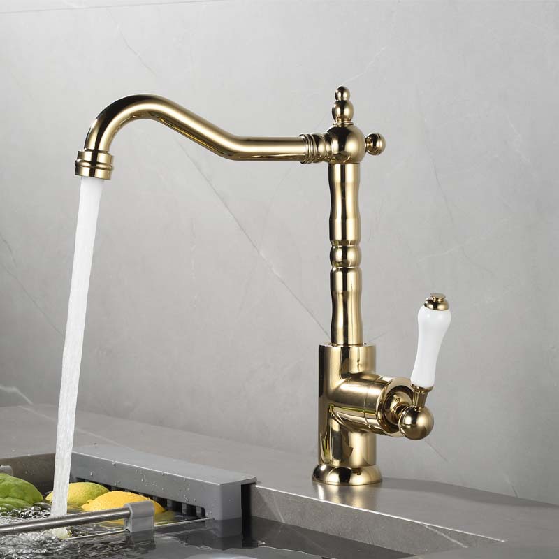 The antique-style kitchen features a rotating hot and cold water faucet, a gold and silver chrome-plated washbasin faucet, and a black bathroom cabinet faucet Application Scenario