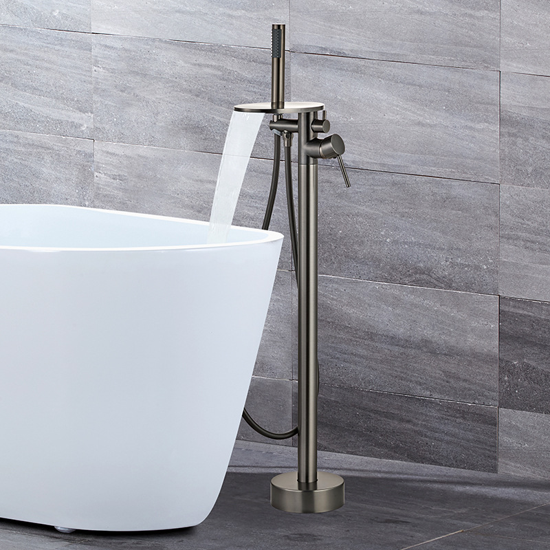 The factory supplies water-plated grey floor-standing waterfall bathtub faucets with high-flow cold and hot dual-control shower heads Specification drawing