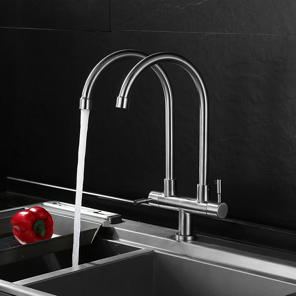 SUS304 stainless steel kitchen sink faucet, single cooling, double pipe, double handle, universal rotating kitchen sink, double outlet faucet full figure