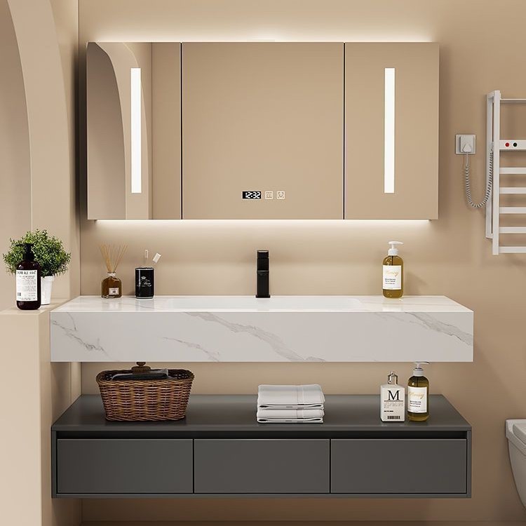 Nordic rock plate seamless ceramic washbasin, washbasin combination, bathroom integrated double-layer washbasin, bathroom cabinet full figure