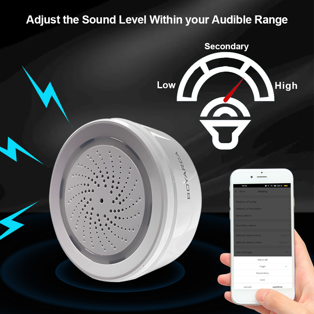 Cross-border intelligent three-in-one sound and light alarm, graffiti wifi temperature and humidity sound and light sensor on-site alarm full figure