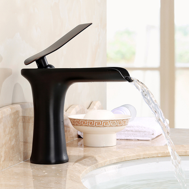 All-copper waterfall faucet, bathroom washbasin, countertop basin, cold and hot retro faucet, white and gold Specification drawing