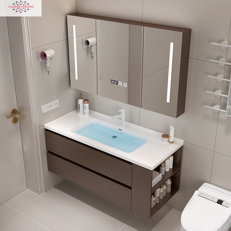 New walnut wood side cabinet, ceramic integrated basin, bathroom cabinet combination, bathroom washbasin, smart hand washing basin Specification drawing