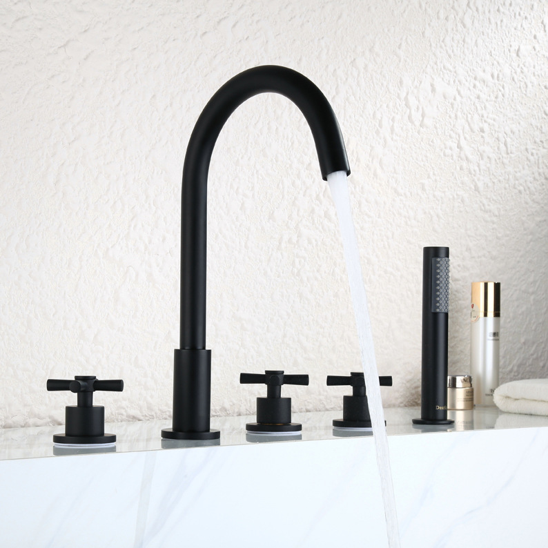 All-copper black split bathtub massage five-piece set faucet shower room cold and hot water five-hole tank side faucet details Picture