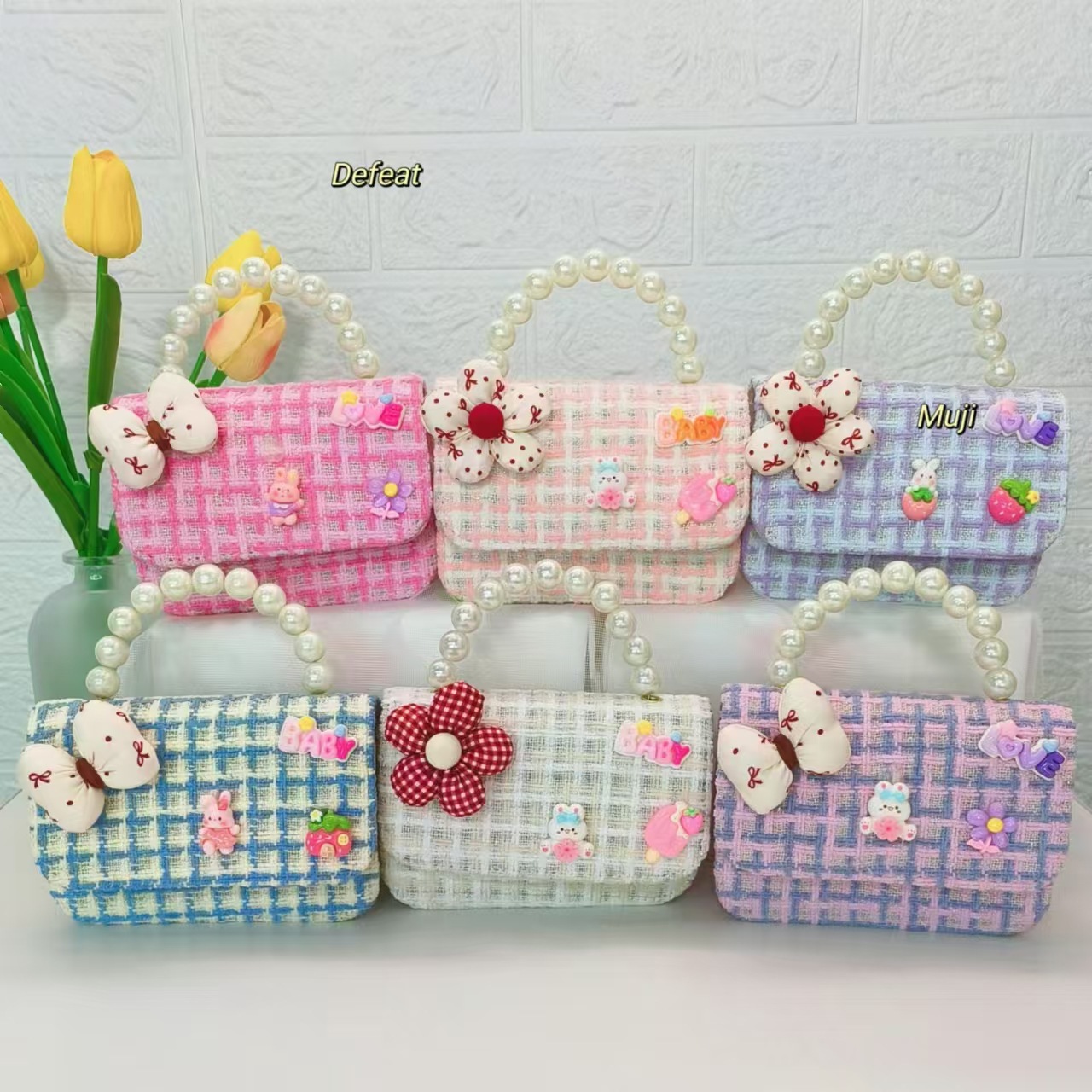 Flower rabbit pearl handbag, little girl loose change accessory bag, chain bag, bow, single-shoulder crossbody small square bag full figure