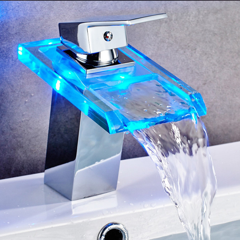 All-copper washbasin LED light cold and hot waterfall faucet, single-hole square glass waterfall faucet for bathroom and washroom Application Scenario