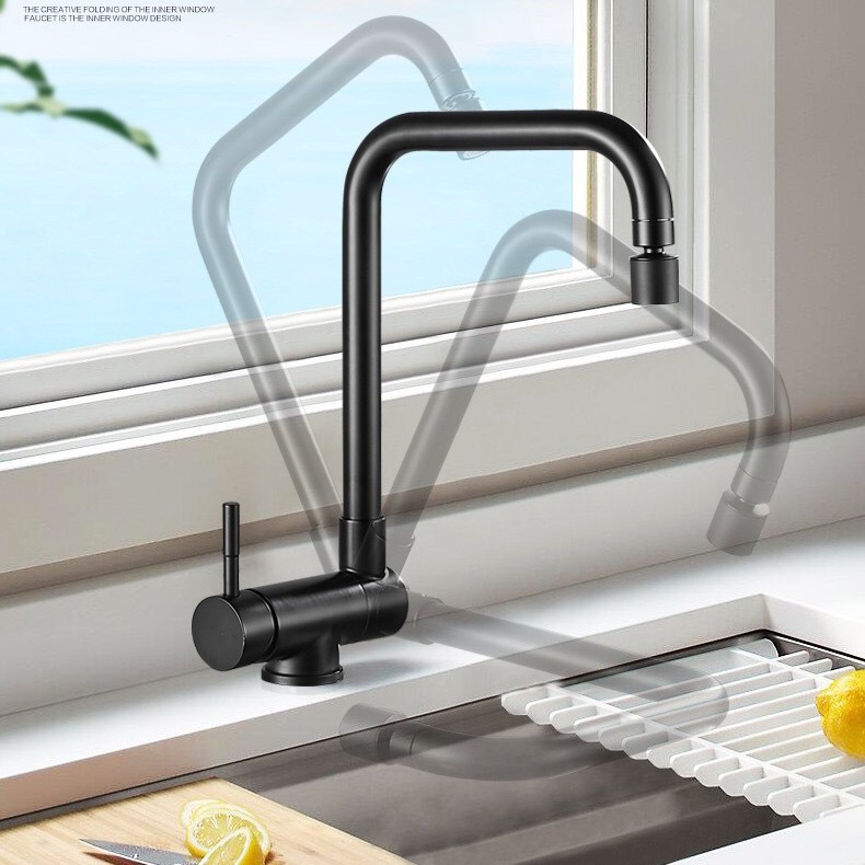 Black 304 stainless steel kitchen cold and hot water inward-opening window faucet, multi-functional foldable sink, rotating sink full figure