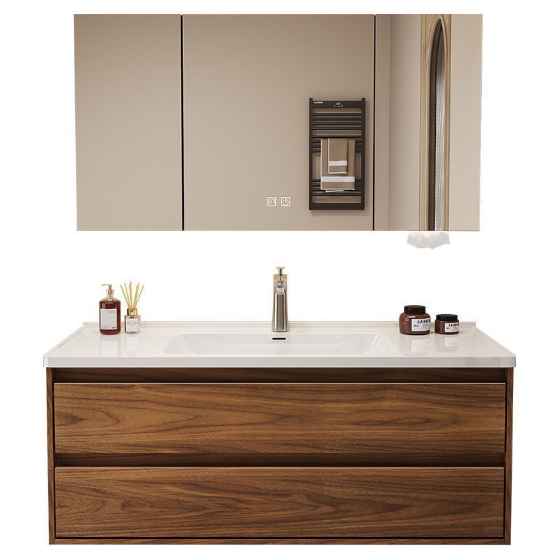 New walnut wood color double-drawer bathroom cabinet, bathroom washbasin and washbasin set with ceramic integration Item Picture