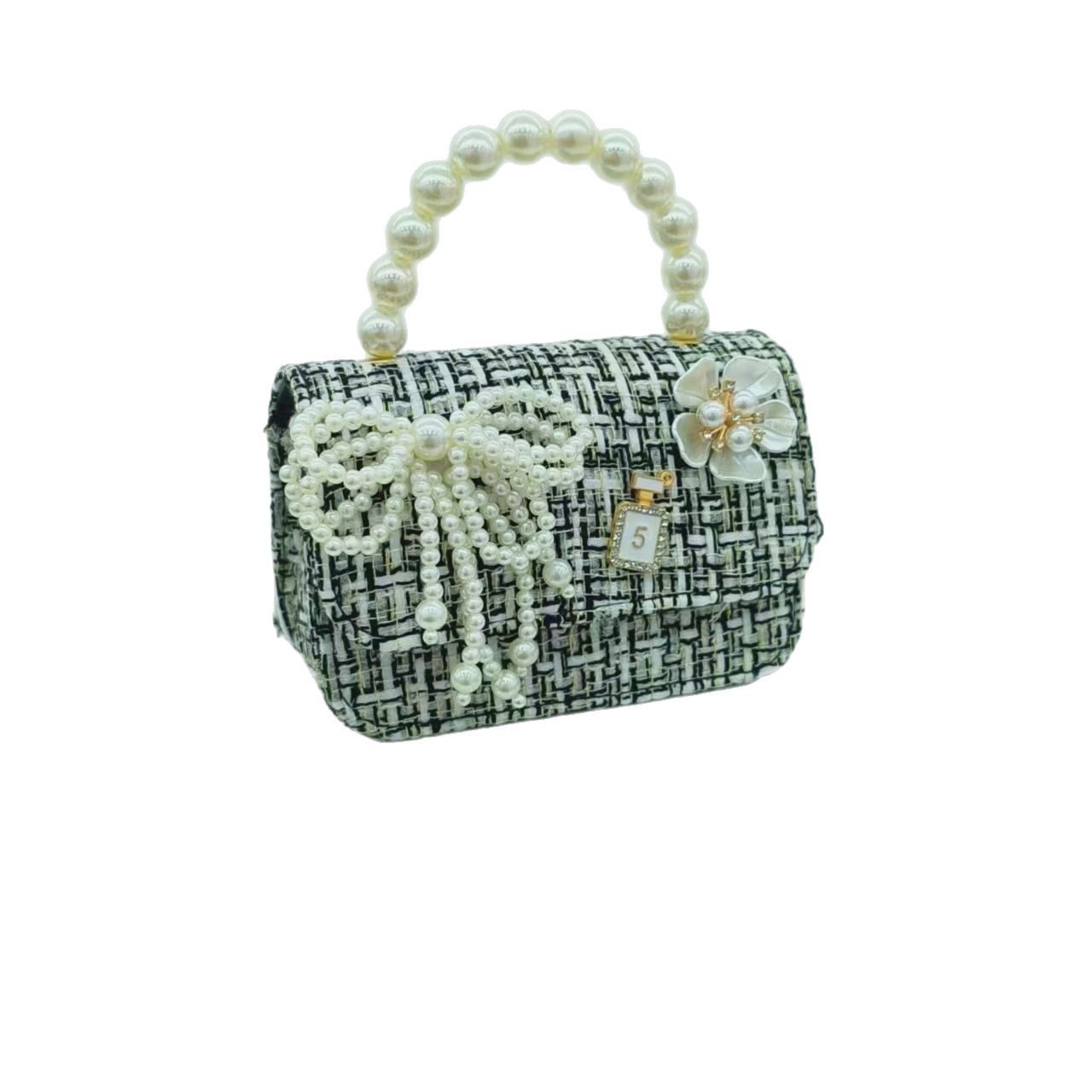 Bow princess bag, pearl handbag, chain single-shoulder accessory bag, little girl crossbody bag, small square bag, coin purse Item Picture