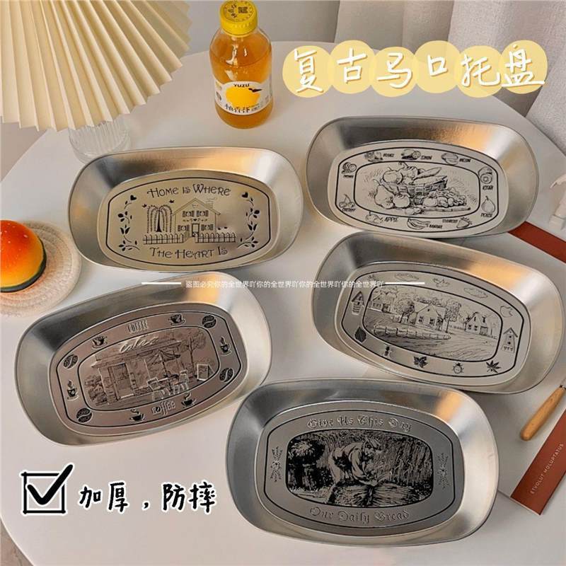 Creative retro tinplate trays, fruit plates, American metal candies, snacks, pastry plates, miscellaneous plates, camping tableware details Picture