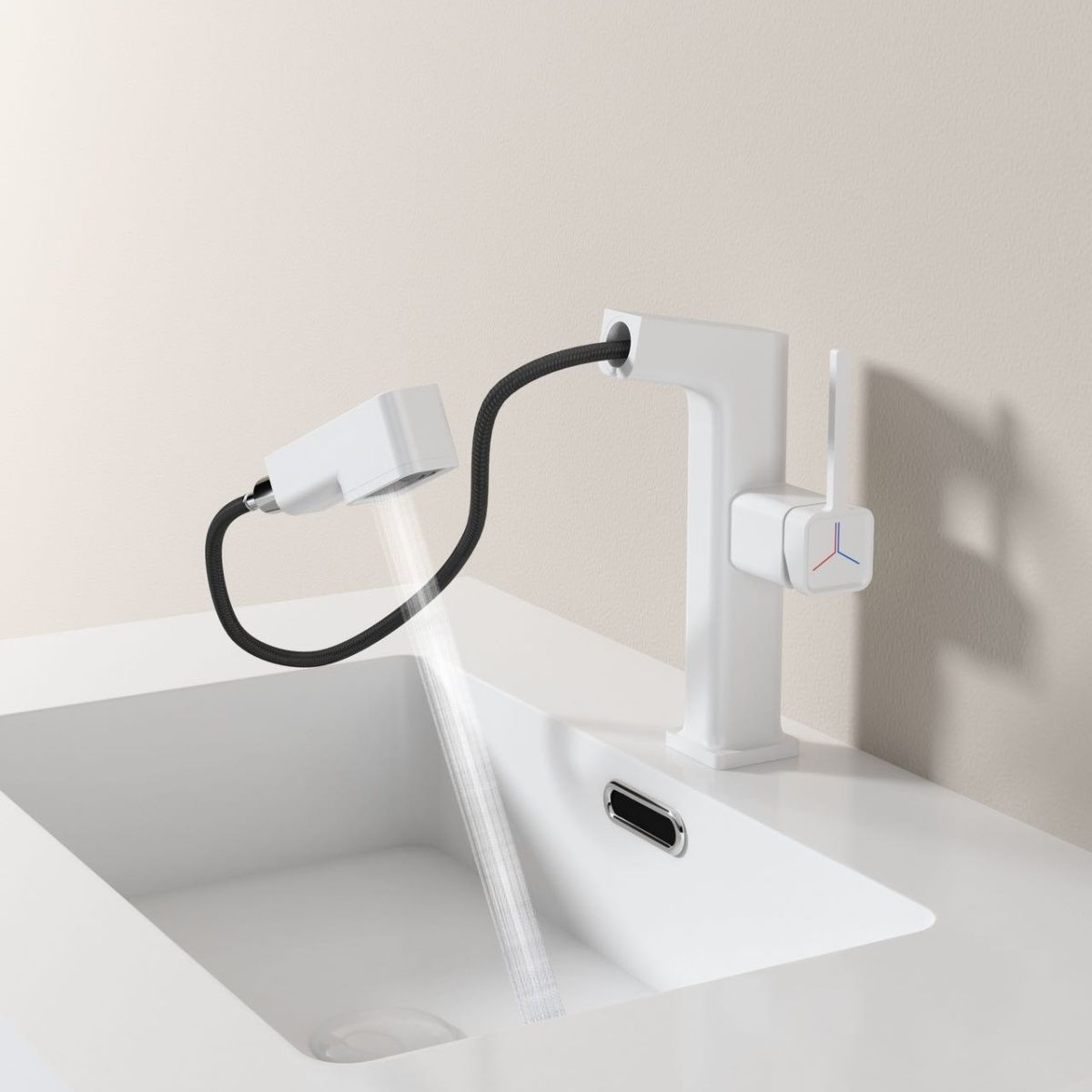 Xiaohongshu milk white style beauty three-mode washbasin faucet, all-copper household pull-out washbasin, cold and hot water faucet Specification drawing