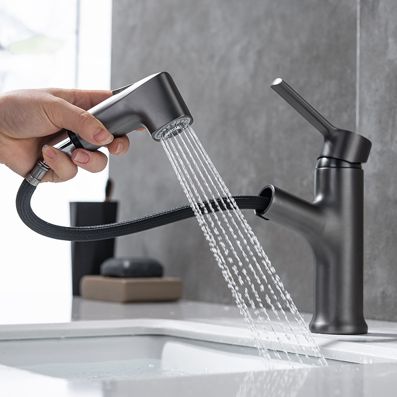 All-copper black faucet, hot and cold washbasin, bathroom countertop basin, bathroom face wash pull-out faucet MT2045 Specification drawing