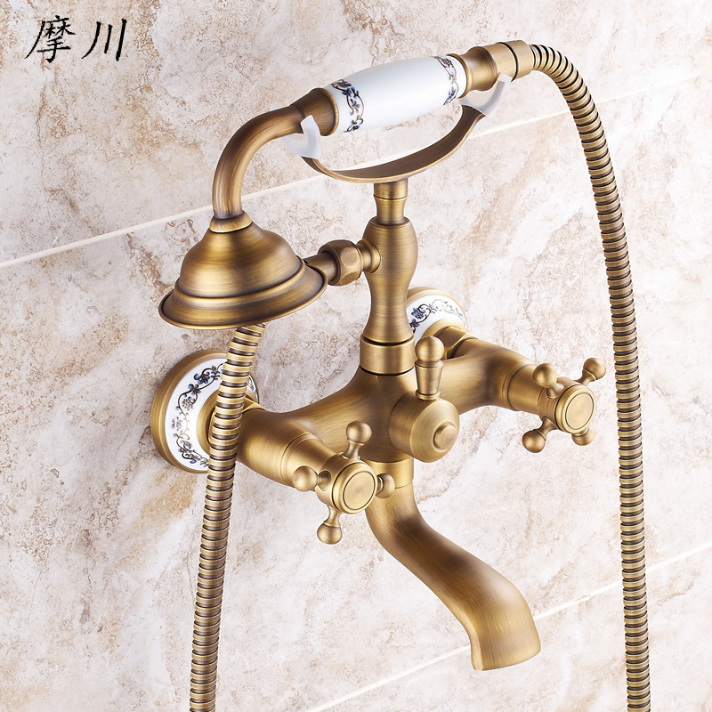 European-style electric bathroom combination showerhead, antique brass cold and hot mixed water handheld shower showerhead set details Picture