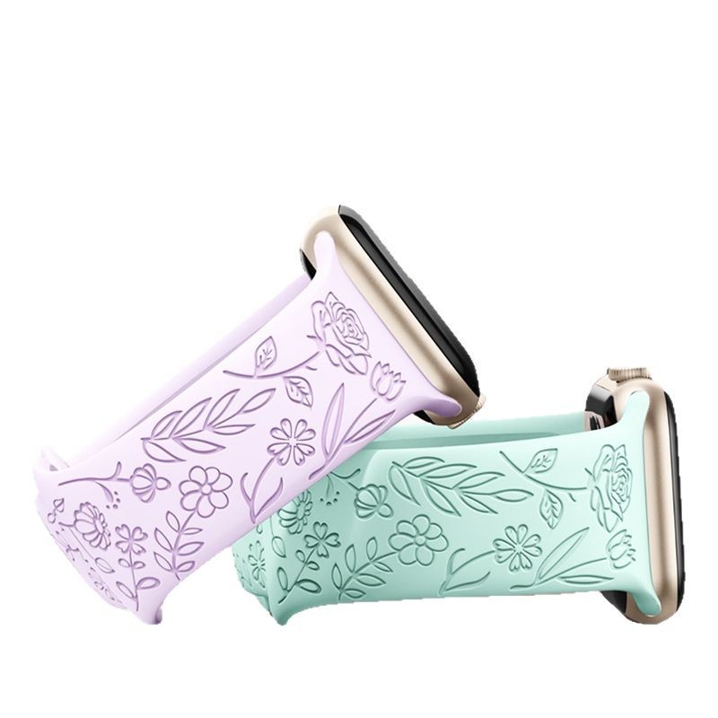 Suitable for AppleWatch: Fashionable embossed and engraved watch strap, laser rose engraved silicone watch strap Item Picture