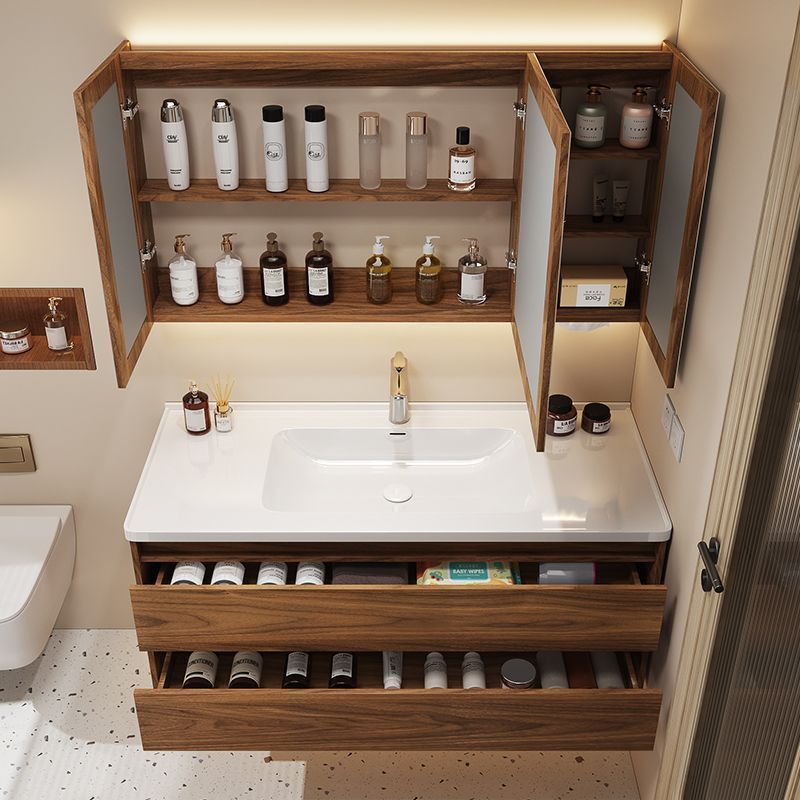 New walnut wood color double-drawer bathroom cabinet, bathroom washbasin and washbasin set with ceramic integration Application Scenario