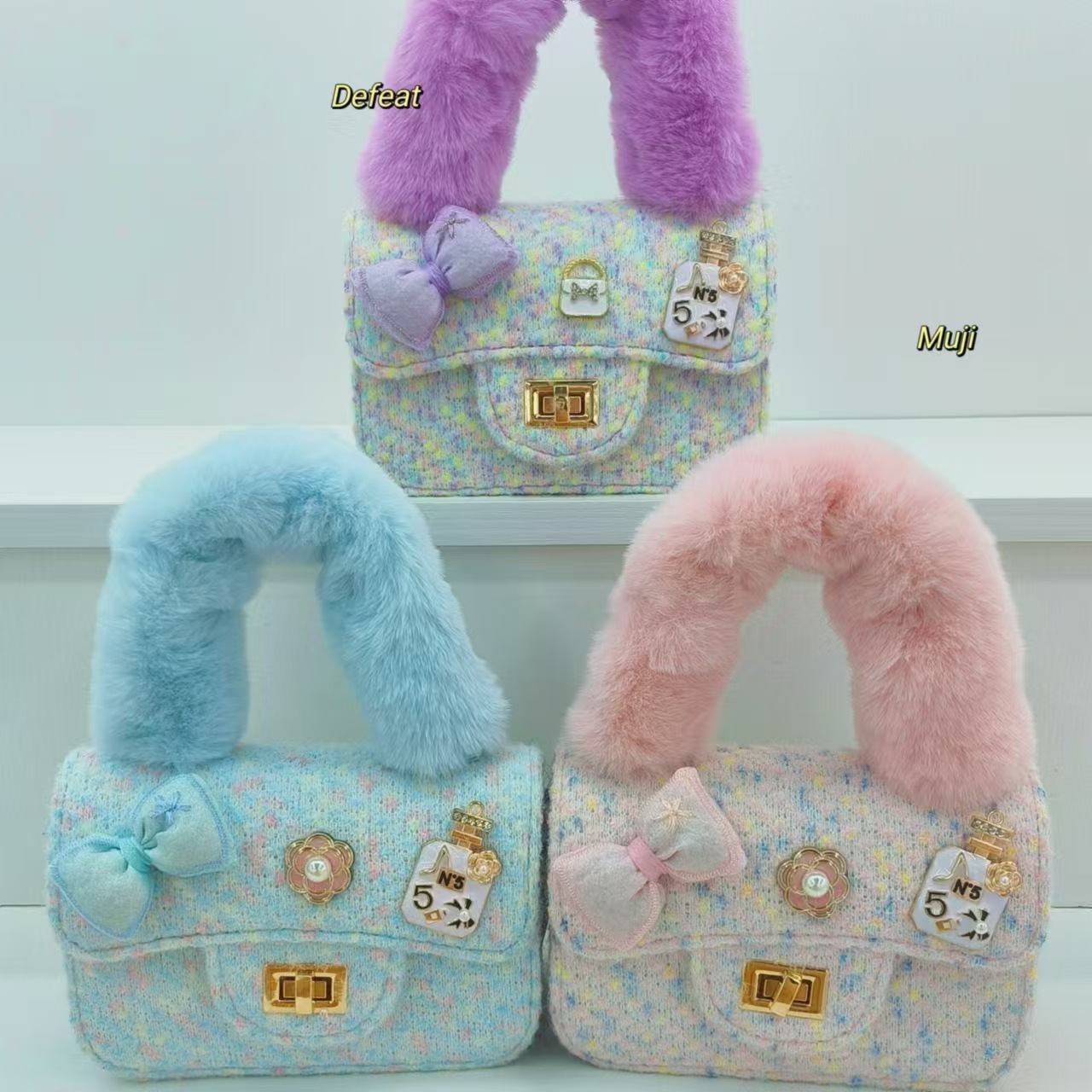 Bow plush handbag, little girl children's bag, single-shoulder bag, stylish crossbody bag, fashionable small square bag, coin purse full figure