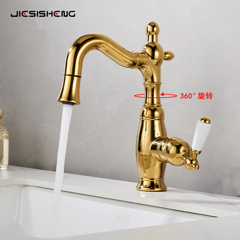 French retro copper washbasin faucet, bathroom, household bathroom counter basin, hot and cold rotating pull-out faucet, splash-proof Specification drawing