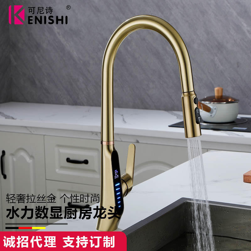 Konishi hydroelectric power digital display kitchen faucet pull-out sink faucet with brushed gold color details Picture