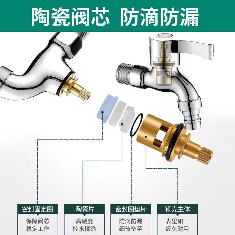 Wholesale of all-copper washing machine faucets for household use in bathrooms, 4-minute quick-opening single-cooling faucets with one in and two out details Picture