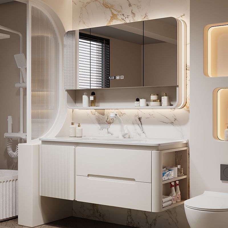 Simple oak bathroom cabinet, rounded corner combination bathroom, ceramic integrated cream washbasin for hand washing and face washing details Picture