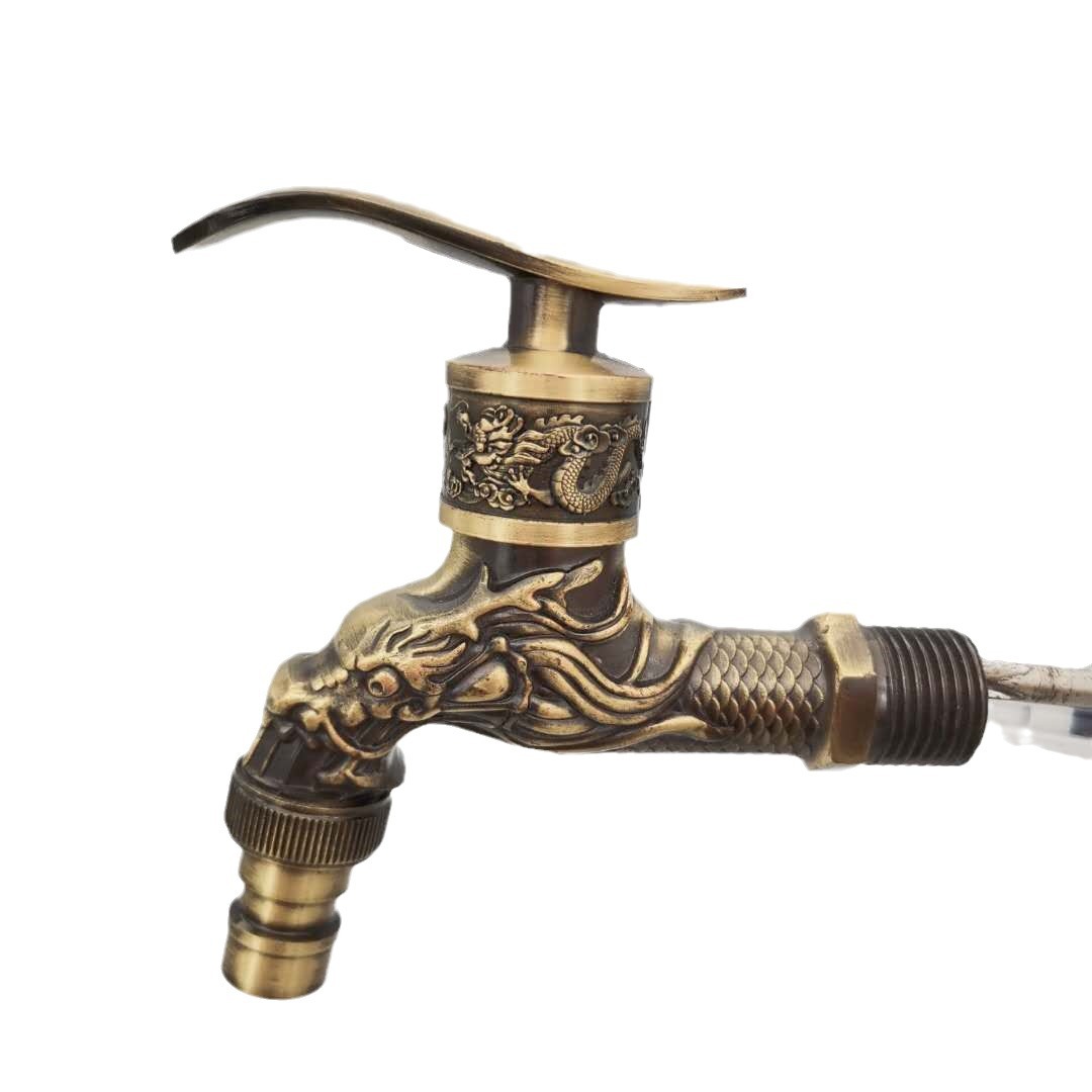 The overseas model features an antique bronze-patterned dragon spout, an alloy copper core, and a bronze-colored European-style faucet with a single cooling nozzle Item Picture