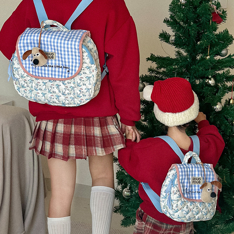 Korean-style sewn backpack for autumn and winter, new embroidered checkered girls' small backpack for going out, cotton parent-child backpack, mommy bag Specification drawing