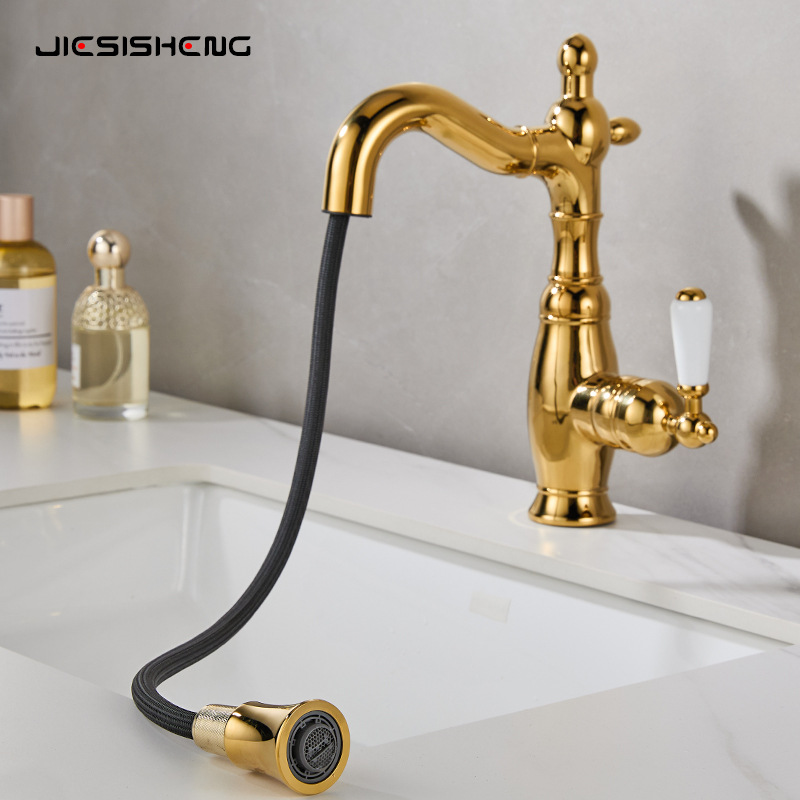 French retro copper washbasin faucet, bathroom, household bathroom counter basin, hot and cold rotating pull-out faucet, splash-proof Application Scenario