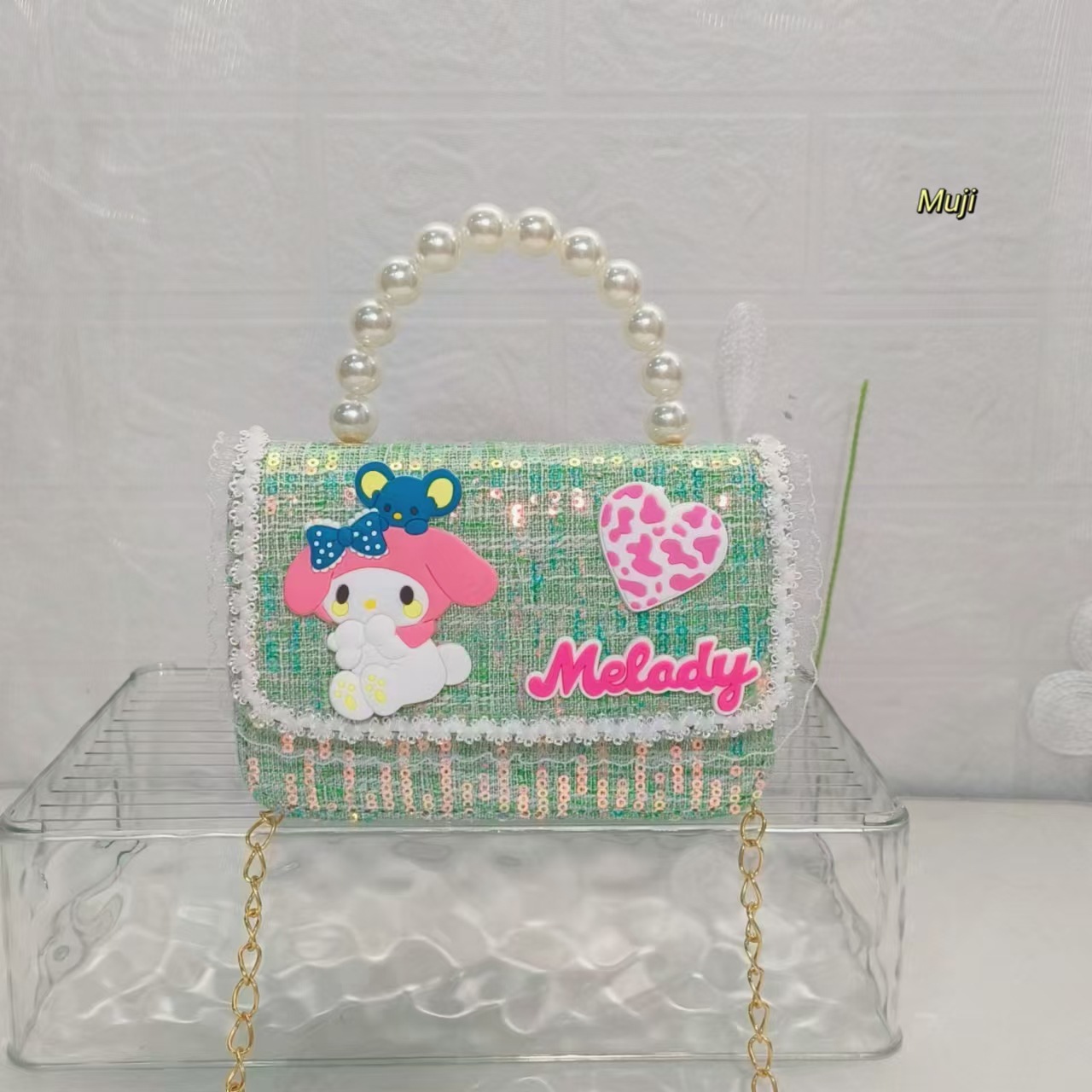 Melody Pearl handbag, Princess bag, crossbody bag, loose change accessory bag, Children's bag, chain small square bag, cartoon bag Specification drawing