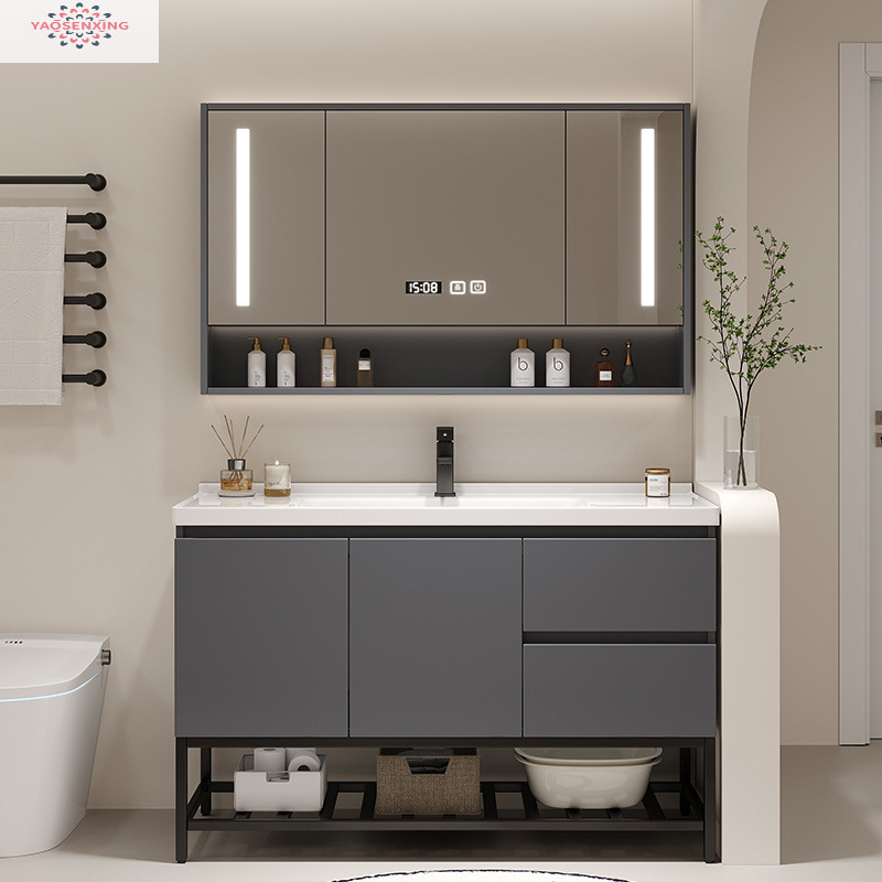 Simple bathroom solid wood floor-standing washbasin cabinet combination washbasin, cream-colored bathroom cabinet, ceramic integrated basin Application Scenario