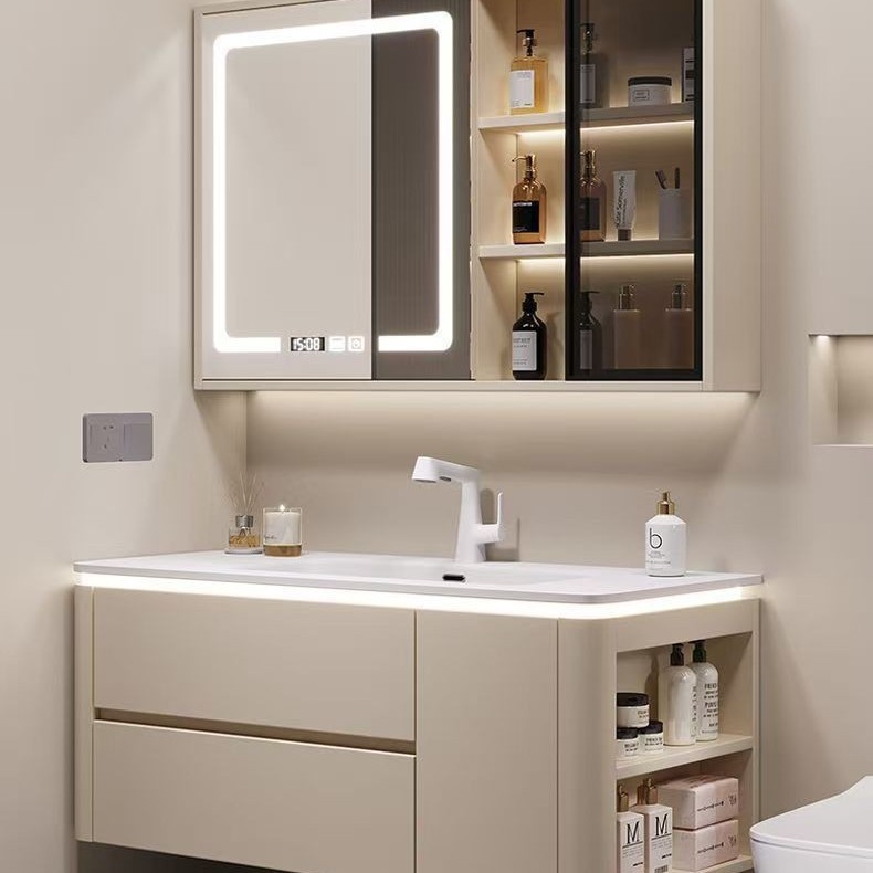 Cream bathroom cabinet washbasin combination ceramic modern integrated bathroom smart washbasin solid wood simple details Picture